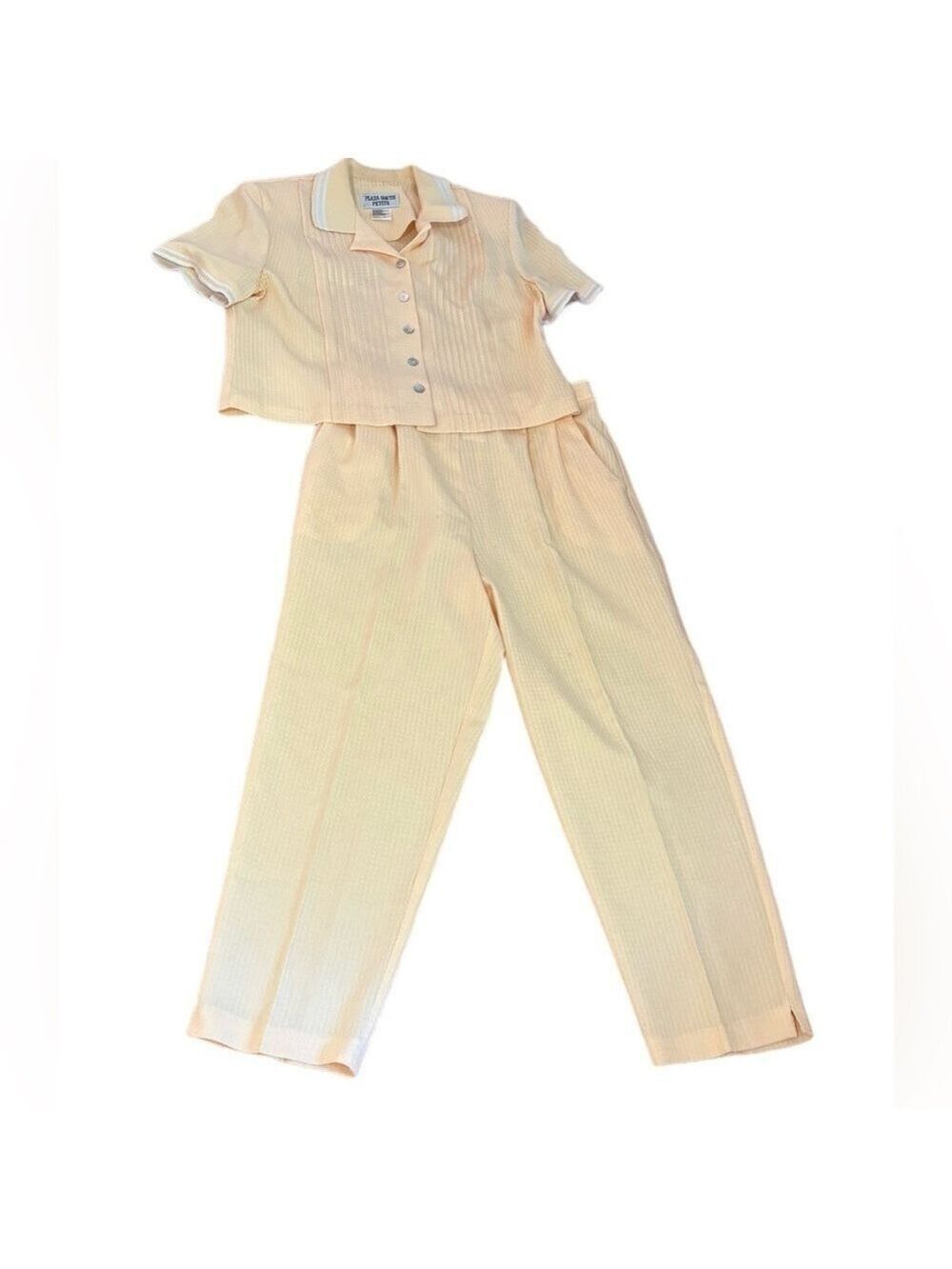 90s 2 PC SUNSHINE YELLOW TEXTURED FABRIC CROPPED POLO TOP & PANT PLAZA SOUTH 12P - Picture 2 of 15